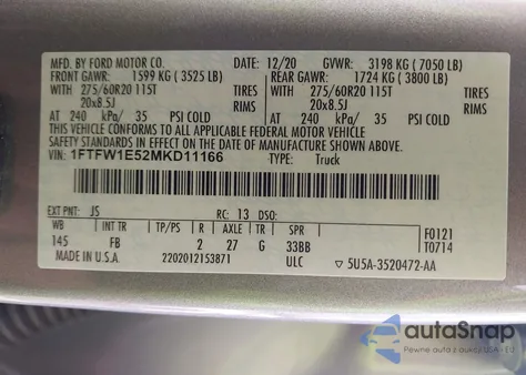 2021 Ford F-150 Xlt из США, поврежденный, VIN 1FTFW1E52MKD11166